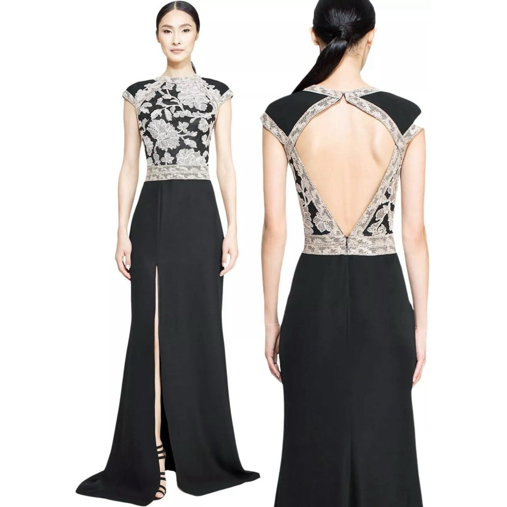 Tadashi Shoji‎ Gretchen Lace Trim Open Back Crepe Column Dress Gown 12 DAMAGED